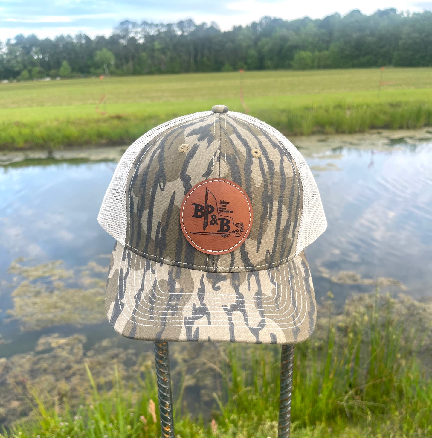 BP & B Mossy Oak Camo Leather Logo Hat